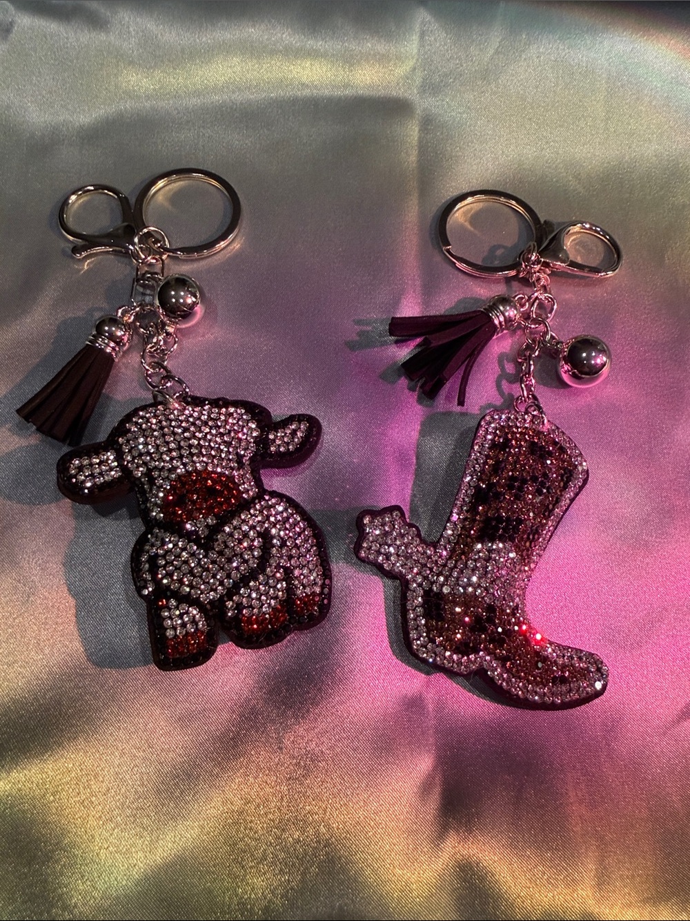 Sparkling Pink Cow & Boot Bag Charm Keychain Duo
